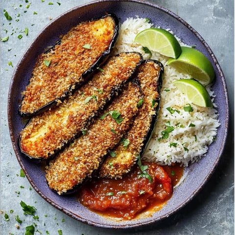 A plate of food with rice, lime, and eggplant.