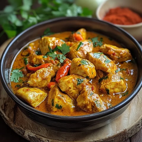 A bowl of chicken with peppers and spices.