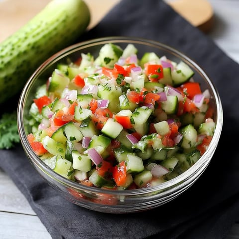 A bowl of vegetables with cucumbers, tomatoes, and onions.