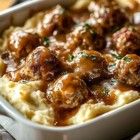 A delicious meatball and mashed potato bake is served in a white bowl.