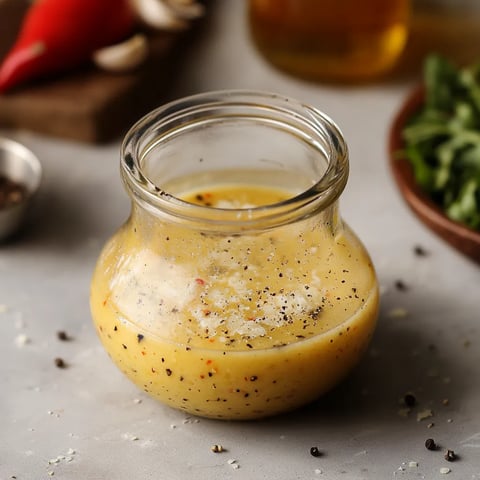 A jar of Parmesan Vinaigrette with a spoon inside.