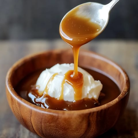 A bowl of butterscotch sauce with a spoon in it.