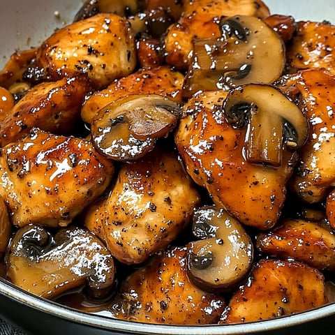 A delicious dish of black pepper chicken with mushrooms, ready to be served.