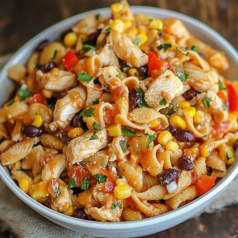 A bowl of BBQ Chicken Pasta Salad is displayed on a table.