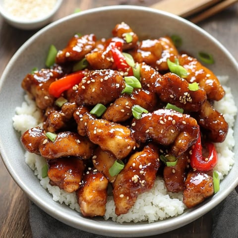 A bowl of Dragon Chicken with rice and peppers.
