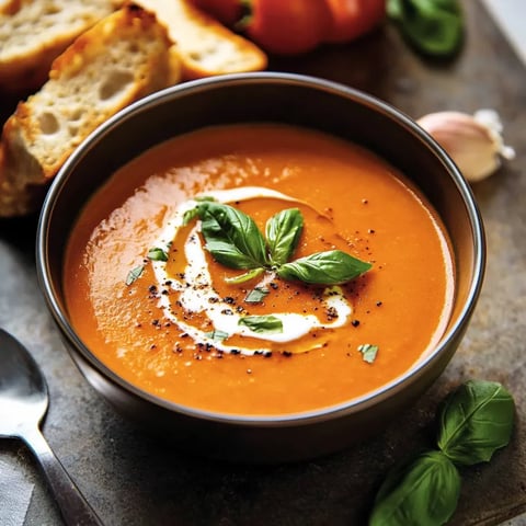 A bowl of smoky roasted tomato soup with fresh basil leaves on top.