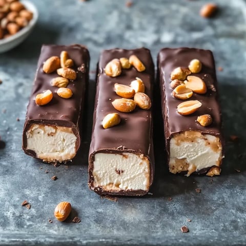 Three bars of homemade Snickers ice cream are displayed on a table.