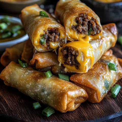 A plate of cheeseburger egg rolls is displayed on a wooden table.