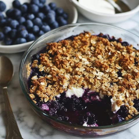 A bowl of delicious blueberry crumble with a spoon resting on top.