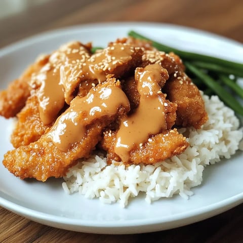 A plate of Chinese Peanut Butter Chicken with rice and green beans.
