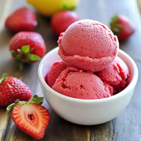 A bowl of strawberry sorbet with a few strawberries on top.