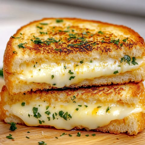 A close up of a grilled cheese sandwich with garlic bread and herbs on top.