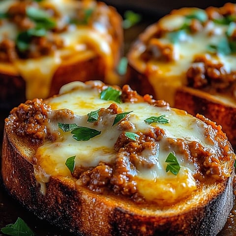 A close up of a slice of bread with cheesy sloppy joe topping.