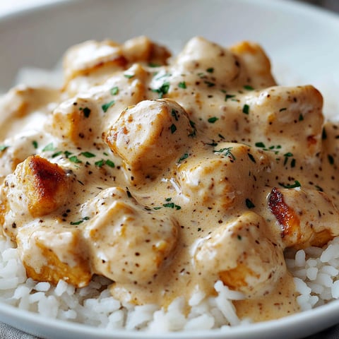 A plate of rice and chicken covered in a creamy sauce.