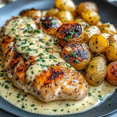 A delicious meal of Creamy Garlic Chicken with Roasted Baby Potatoes.