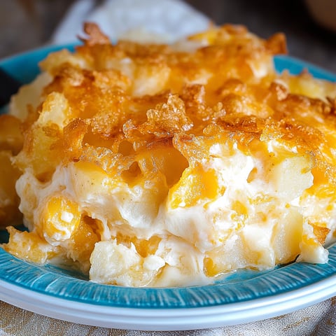 A plate of Funeral Potatoes, a popular comfort food dish, is served on a table.
