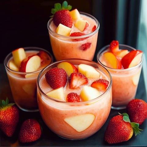 A close up of a glass of strawberry apple punch with a slice of apple in it.