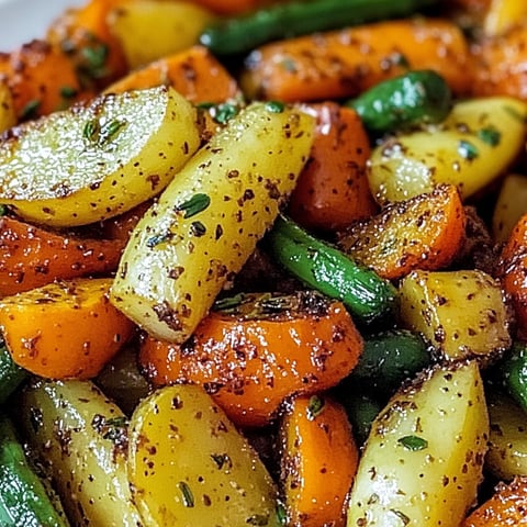 A close up of roasted vegetables, including carrots, green beans, and potatoes, with a sprinkle of garlic and herbs.