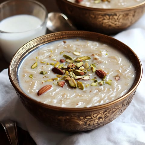 A bowl of Sheer Khurma Recipe is displayed on a table.