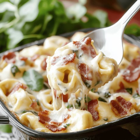 A close up of a fork in a bowl of Bacon Tortellini Bake.