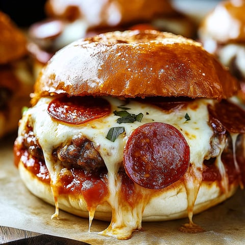 A close up of a delicious pepperoni pizza burger with melted cheese and pepperoni.