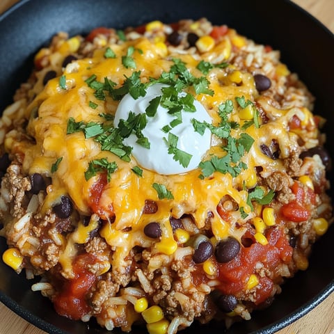 A bowl of Cheesy Fiesta Taco Rice with a white onion on top.