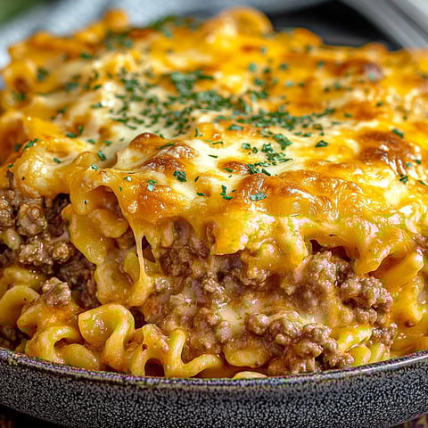 A delicious Poor Man's Casserole is served in a black pan.