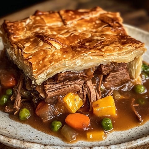 A delicious Brisket Pot Pie is served on a plate, topped with a variety of vegetables and a rich brown sauce.