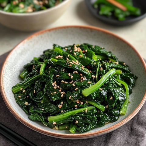 A bowl of Korean Spinach Side Dish (Sigeumchi Namul) is served on a dining table.