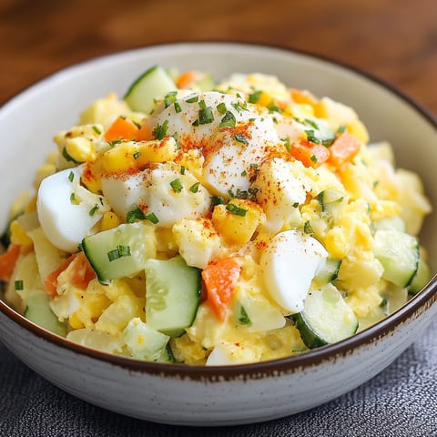 A bowl of Korean Potato Gamja Salad with a variety of vegetables, including cucumbers and carrots, and a fried egg on top.