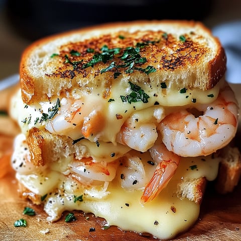 A close-up of a delicious grilled cheese sandwich with shrimp and garlic bread.