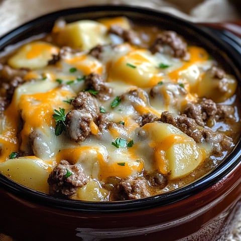 A bowl of Amish Farmhouse Feast, a hearty meal with meat, cheese, and potatoes.