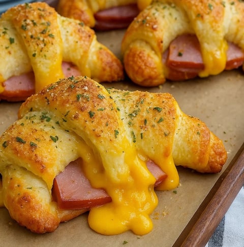 A plate of ham cheddar crescent roll-ups with cheese dripping out.