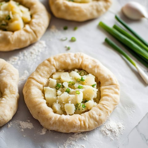 A close up of a potato knish with a green topping.