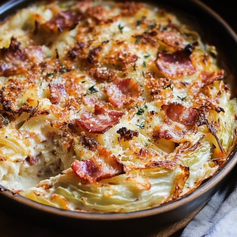 A close up of a delicious bacon and white cabbage gratin.