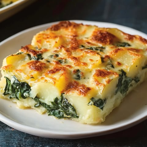 A slice of a cheesy spinach and potato bake on a plate.