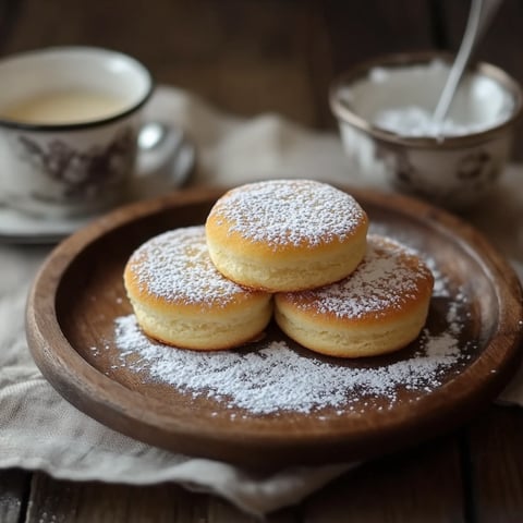 Three powdered sugar-covered Sherlock Holmes Foggy London Tea Cakes on a wooden platter.