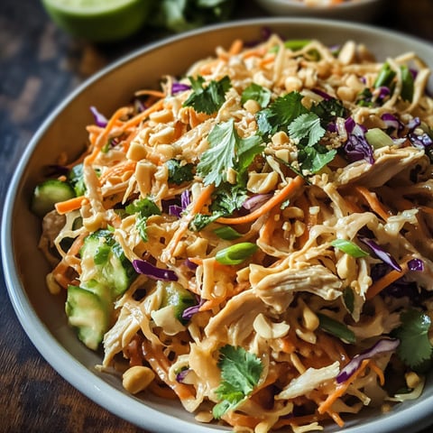 A bowl of chopped Thai crunch chicken salad with a variety of vegetables and herbs.