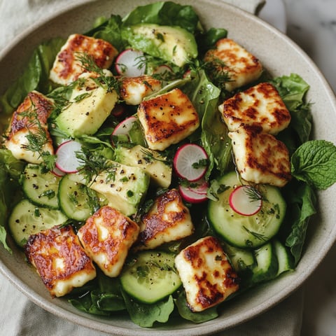 A dish of Crispy Torn Halloumi Salad, featuring grilled halloumi cubes and fresh vegetables.