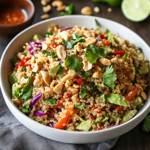 A bowl of Thai Quinoa Crunch Salad with various vegetables and nuts.