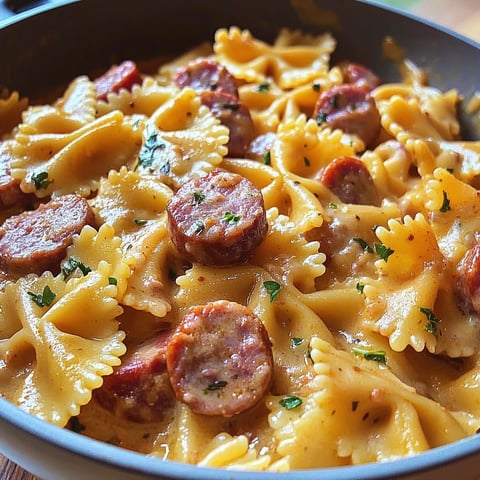 A delicious One Pot Smoked Sausage Pasta dish, filled with pasta, sausage, and a rich tomato sauce.