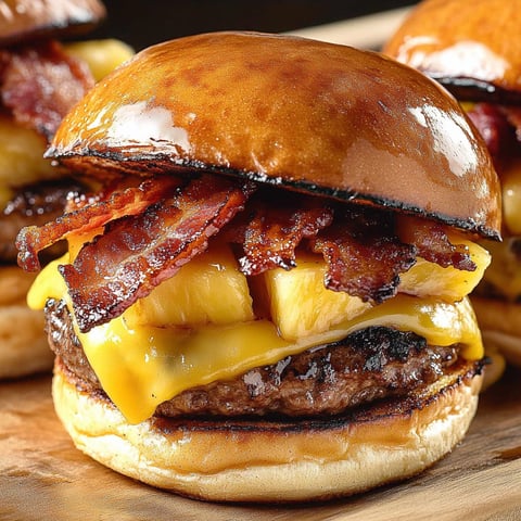 A close-up of a delicious Pineapple Bacon Burger Oven BBQ, with a slice of pineapple and bacon on top of a juicy hamburger patty.