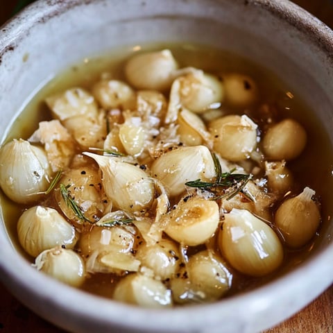 A bowl of garlic confit with onions and herbs.
