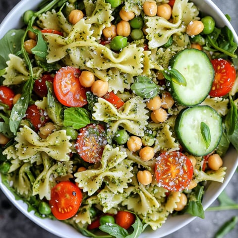 A bowl of Green Goddess Pasta Salad, featuring a mix of pasta, tomatoes, cucumbers, and chickpeas.