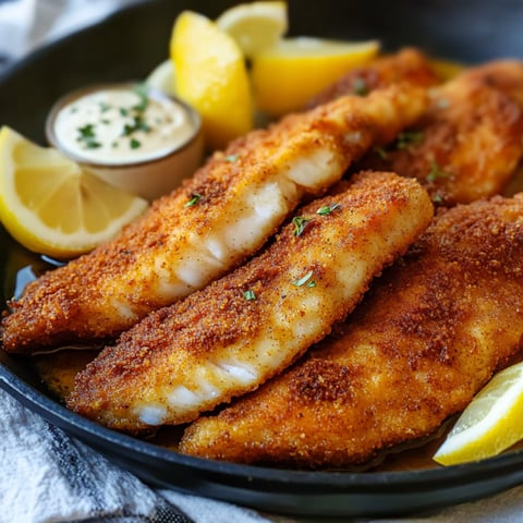 A plate of Southern Fried Fish with lemon wedges and a dipping sauce.