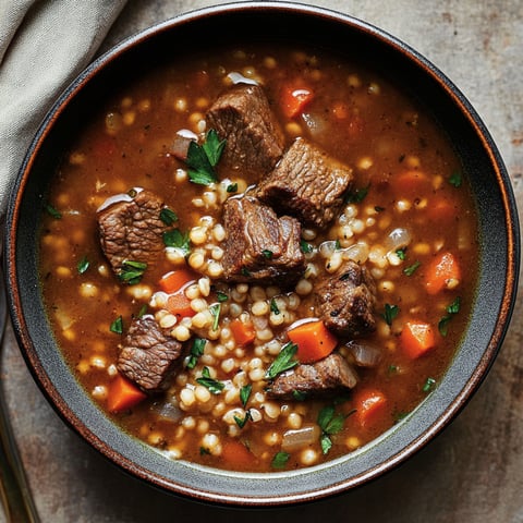 A bowl of beef and barley soup with a spoon resting on the side.