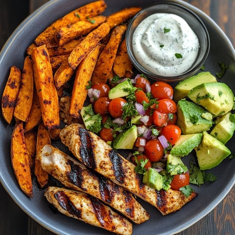 A delicious meal of grilled chicken, sweet potato fries, and avocado salsa.
