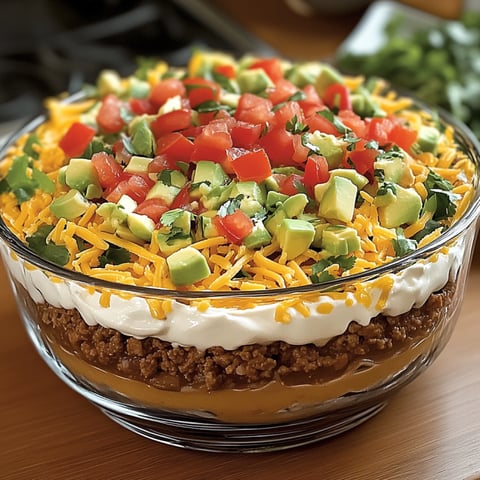 A delicious Seven Layer Taco Dip is served in a glass bowl.