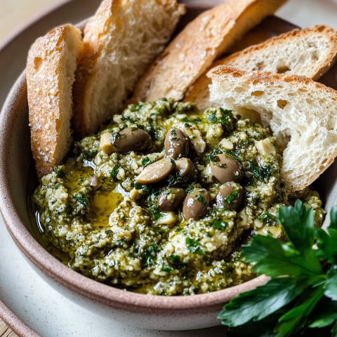 A bowl of Green Olive Tapenade with bread and a green vegetable.