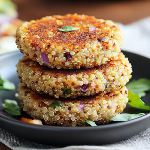 A stack of three quinoa patties on a plate.
